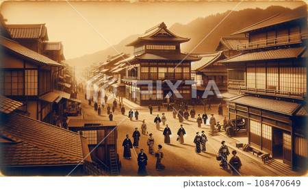 一張深褐色調的明治時代風景照片。人工智慧影像 108470649