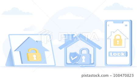 Smart home and control concept. Home security program, lock or unlock online by application, remote monitoring by owner. Flat vector design illustration. Smart home and control concept. Home security program, lock or unlock online by application, remote monitoring by owner. Flat vector design illustration. 108470823
