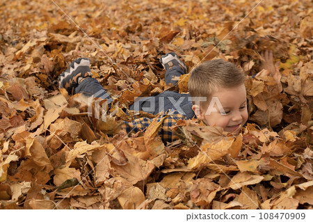 Autumn concept. A small, handsome and emotional boy in a plaid shirt and overalls lies cheerfully in the autumn yellow leaves in the park. Soft focus. 108470909