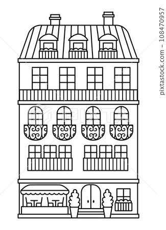 Vector block of flats line icon. Paris traditional house illustration or coloring page. Black and white historical French building picture with cafe isolated on white background Vector block of flats line icon. Paris traditional house illustration or coloring page. Black and white historical French building picture with cafe isolated on white background 108470957