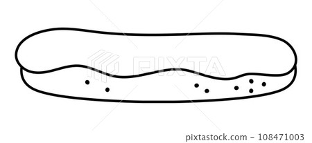 Eclair with chocolate icing top line icon. French dessert vector black and white illustration. Cake picture or coloring page Eclair with chocolate icing top line icon. French dessert vector black and white illustration. Cake picture or coloring page 108471003