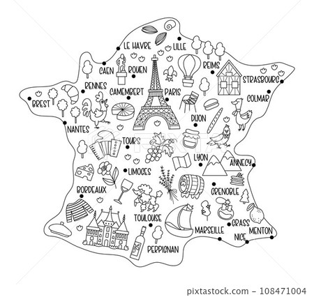 Vector France map. Cartoon postcard with French places of interest, cities, symbols. Touristic attraction black and white background or coloring page with Paris, Eiffel Tower, castle, animals Vector France map. Cartoon postcard with French places of interest, cities, symbols. Touristic attraction black and white background or coloring page with Paris, Eiffel Tower, castle, animals 108471004