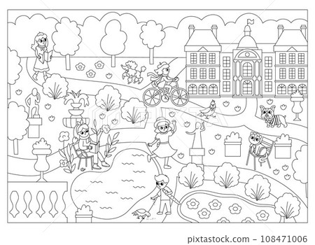 Vector black and white Luxembourg garden in Paris landscape line illustration or coloring page with people and animals. French capital city park scene with palace, benches, chairs Vector black and white Luxembourg garden in Paris landscape line illustration or coloring page with people and animals. French capital city park scene with palace, benches, chairs 108471006