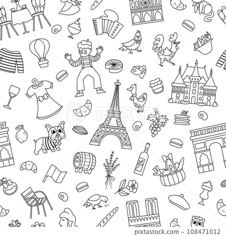 France symbols black and white vector seamless pattern. Repeating line background with French sights, food, Eiffel tower, animals, baguette, croissant. Cute Paris digital paper or coloring page 108471012