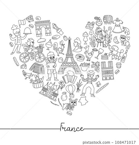 Vector black and white French heart shaped frame with people, animals, Eiffel tower, traditional symbols. Touristic France card template design. Cute line illustration or coloring page 108471017