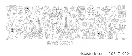 Vector black and white French horizontal frame with people, animals, Eiffel tower, traditional symbols. Touristic France card template design. Cute line illustration or coloring page Vector black and white French horizontal frame with people, animals, Eiffel tower, traditional symbols. Touristic France card template design. Cute line illustration or coloring page 108471020