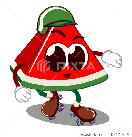 Vector mascot, cartoon and illustration of a cute cut watermelon skating on roller skates wearing a safety helmet Vector mascot, cartoon and illustration of a cute cut watermelon skating on roller skates wearing a safety helmet 108471039