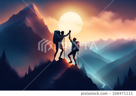 Hiking couple with backpacks in the mountains. Generative AI 108471111