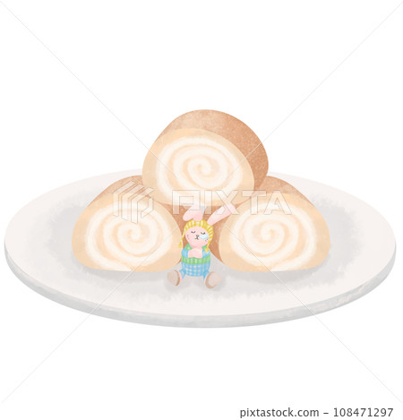 Cream filled roll cake placed on a white plate Eat with coffee or hot chocolate in the winter. 108471297