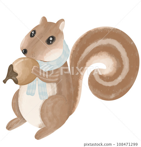 A brown squirrel holding a walnut is wearing a blue scarf because of the cold weather in winter. 108471299