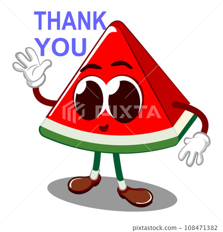 Vector mascot, cartoon and illustration of a cute watermelon slice saying thank you by raising one hand Vector mascot, cartoon and illustration of a cute watermelon slice saying thank you by raising one hand 108471382