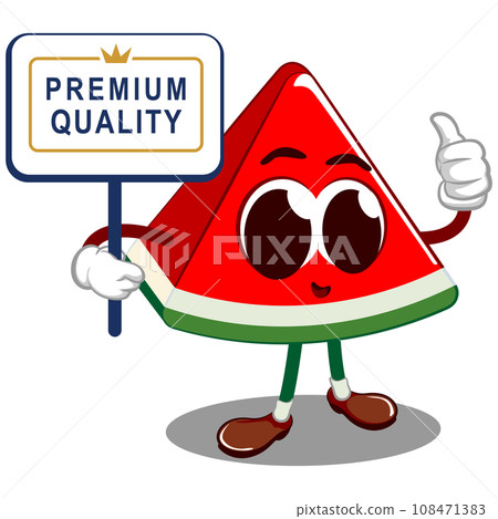 Vector mascot, cartoon and illustration of a cute cut watermelon holding up a sign saying premium quality with one hand and the other giving a thumbs up 108471383