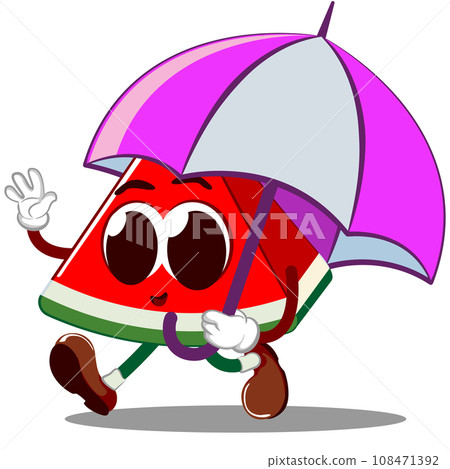 mascot vector illustration of a cute and fresh slice of watermelon with an umbrella 108471392