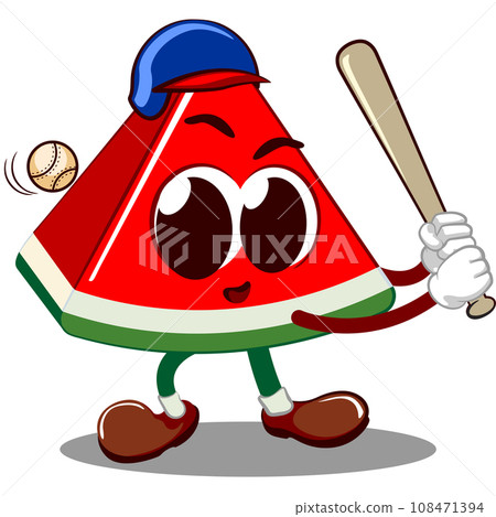 mascot vector illustration of a cute piece of watermelon playing baseball by being a hitter with a baseball bat 108471394