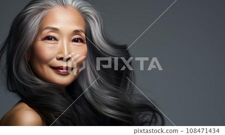 Smiling, elderly, gorgeous Asian woman gray long hair and perfect skin,a silver background, banner. Smiling, elderly, gorgeous Asian woman gray long hair and perfect skin,a silver background, banner. 108471434