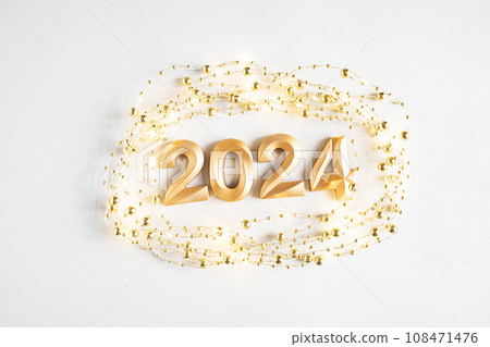 Greeting card - happy new year with numbers 2024 in decoration lights frame on white background. 108471476