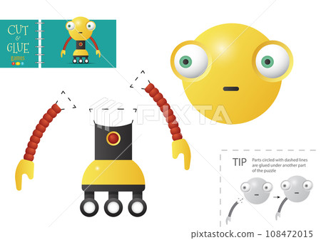 Cut and glue paper toy vector illustration. Robot character scissors cutting model 108472015