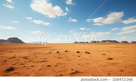 A photo of the rugged Australian Outback, with vast open plains as the background, during a scorching hot afternoon generated with AI  108472166
