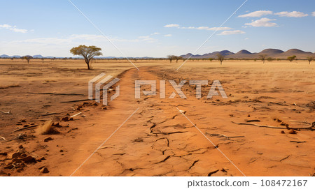 A photo of the rugged Australian Outback, with vast open plains as the background, during a scorching hot afternoon generated with AI  108472167
