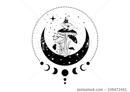 Celestial Mystical boho mushrooms, magic Amanita Muscaria with moon and stars, witchcraft symbol, witchy esoteric logo tattoo, Moon Phase, floral elements fungi, fungus. Esoteric wiccan clipart 108472481