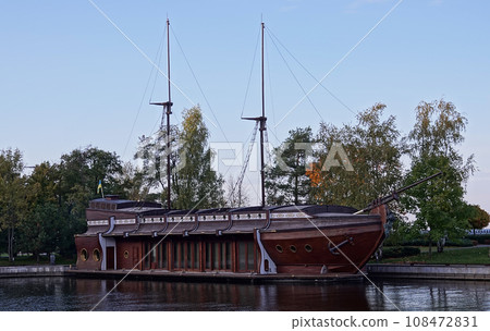 Kiev, Ukraine October 12, 2019: Wooden ship on the territory of the exiled President of Ukraine Yanukovych Kiev, Ukraine October 12, 2019: Wooden ship on the territory of the exiled President of Ukraine Yanukovych 108472831