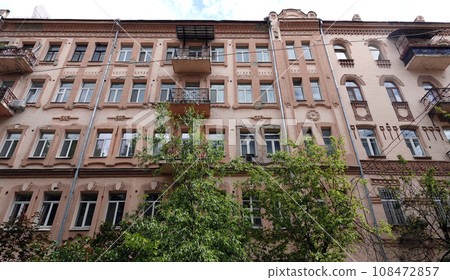 Kiev, Ukraine June 10, 2021: Facade of an old building in the center of Kiev city 108472857