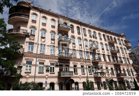 Kiev, Ukraine June 10, 2021: Facade of an old building in the center of Kiev city 108472859