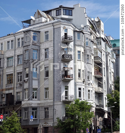 Kiev, Ukraine June 10, 2021: Facade of an old building in the center of Kiev city 108472860