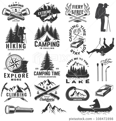 Set of outdoor adventure sticker. Vector illustration. Concept for shirt or logo, print, stamp, patch or tee. Vintage typography design with forest pine tree, hiker, climber and mountain silhouette Set of outdoor adventure sticker. Vector illustration. Concept for shirt or logo, print, stamp, patch or tee. Vintage typography design with forest pine tree, hiker, climber and mountain silhouette 108472898