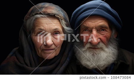 Joint portrait of Muslim elderly couple husband and wife 70-90 years old. Close up of smiling faces of old people in a headscarf and turban. Mother and father. Grandparents. Great grandparents Joint portrait of Muslim elderly couple husband and wife 70-90 years old. Close up of smiling faces of old people in a headscarf and turban. Mother and father. Grandparents. Great grandparents 108473084