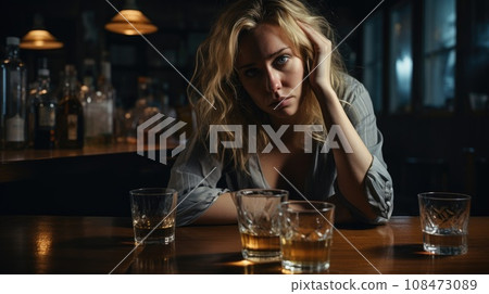 Female alcoholism. Struggle of woman battling alcoholism. Young blonde woman sits in front of pile of glasses of alcohol at bar. Hopelessness, suffering emotions in the eyes. Alcohol addiction 108473089