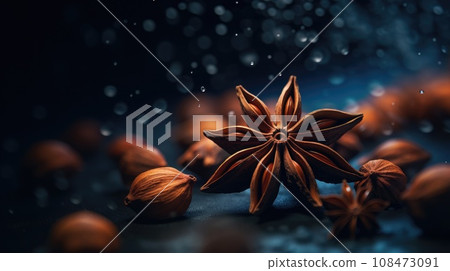 Star anise. Brown spice in shape of star on beautiful blue background with water drops. Aromatic seasonings for tea, coffee, hot chocolate, cocoa, mulled wine. Tea house, cafe, restaurant spice shop 108473091