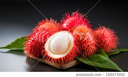 Rambutan fruit, whole fruits and cut, lie on a wooden board with green leaves. Dark clean background. Exotic sweet red hairy fruit. For sale in supermarket, signage, restaurant menu, food blog. Macro 108473092