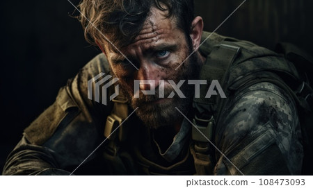 Bearded man military soldier in uniform close-up. Emotions of loss, pain, sadness, depression, stress, loss in his eyes. PTSD. Psychological disorder, trauma, problems. Rehabilitation Bearded man military soldier in uniform close-up. Emotions of loss, pain, sadness, depression, stress, loss in his eyes. PTSD. Psychological disorder, trauma, problems. Rehabilitation 108473093
