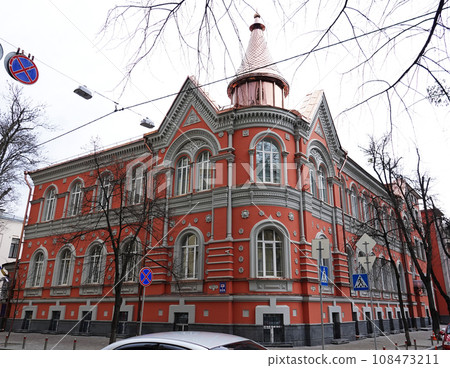 Kiev, Ukraine January 2, 2021: The ornate facade of an ancient building in the center of Kiev Kiev, Ukraine January 2, 2021: The ornate facade of an ancient building in the center of Kiev 108473211