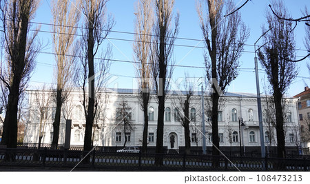 Kiev, Ukraine January 2, 2021: The ornate facade of an ancient building in the center of Kiev Kiev, Ukraine January 2, 2021: The ornate facade of an ancient building in the center of Kiev 108473213