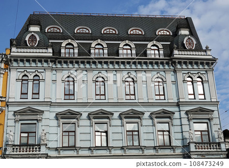 Kiev, Ukraine June 10, 2021: Facade of an old building on Khreshchatyk street in the city of Kiev Kiev, Ukraine June 10, 2021: Facade of an old building on Khreshchatyk street in the city of Kiev 108473249