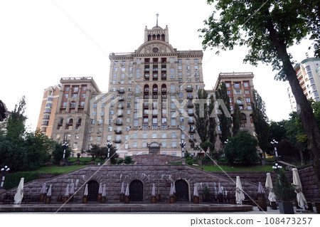 Kiev, Ukraine June 10, 2021: Facade of an old building on Khreshchatyk street in the city of Kiev Kiev, Ukraine June 10, 2021: Facade of an old building on Khreshchatyk street in the city of Kiev 108473257