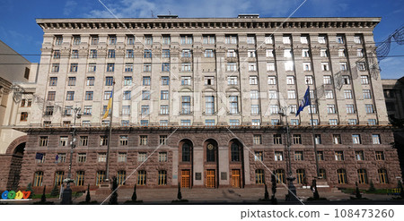 Kiev, Ukraine June 10, 2021: Facade of an old building on Khreshchatyk street in the city of Kiev Kiev, Ukraine June 10, 2021: Facade of an old building on Khreshchatyk street in the city of Kiev 108473260