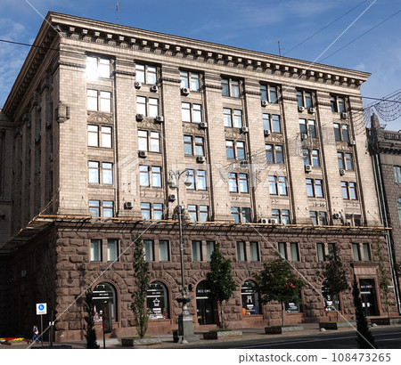 Kiev, Ukraine June 10, 2021: Facade of an old building on Khreshchatyk street in the city of Kiev Kiev, Ukraine June 10, 2021: Facade of an old building on Khreshchatyk street in the city of Kiev 108473265
