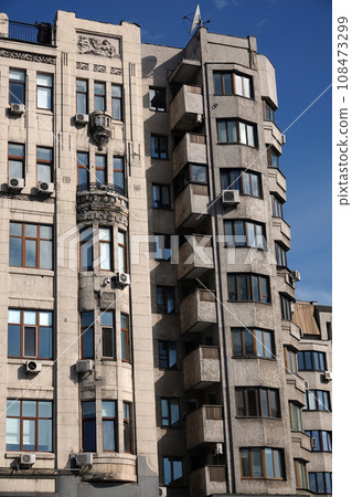 Kiev, Ukraine June 10, 2021: Facade of an old building on Khreshchatyk street in the city of Kiev Kiev, Ukraine June 10, 2021: Facade of an old building on Khreshchatyk street in the city of Kiev 108473299