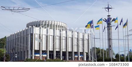 Kiev, Ukraine June 10, 2021: Facade of an old building on Khreshchatyk street in the city of Kiev Kiev, Ukraine June 10, 2021: Facade of an old building on Khreshchatyk street in the city of Kiev 108473300