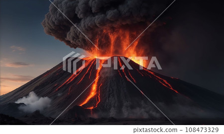 volcano eruption with massive high bursts of lava and hot clouds soaring high into the sky, pyroclastic flow in asia volcano eruption with massive high bursts of lava and hot clouds soaring high into the sky, pyroclastic flow in asia 108473329