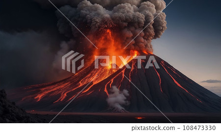 volcano eruption with massive high bursts of lava and hot clouds soaring high into the sky, pyroclastic flow in asia volcano eruption with massive high bursts of lava and hot clouds soaring high into the sky, pyroclastic flow in asia 108473330
