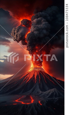 volcano eruption with massive high bursts of lava and hot clouds soaring high into the sky, pyroclastic flow in asia volcano eruption with massive high bursts of lava and hot clouds soaring high into the sky, pyroclastic flow in asia 108473334