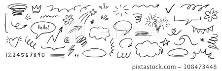 Charcoal pen liner doodle elements, crown, emphasis arrow, speech bubble, scribble. Handdrawn cute cartoon pencil sketches of decorative icons. Vector illustration of cloud, highlight, explosion 108473448