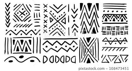 Ethnic tribal pattern doodle handdrawn elements. Aztec, African or Mexican motifs, charcoal pencil drawing. Abstract native ornament shapes, vector illustration. Ethnic tribal pattern doodle handdrawn elements. Aztec, African or Mexican motifs, charcoal pencil drawing. Abstract native ornament shapes, vector illustration. 108473451