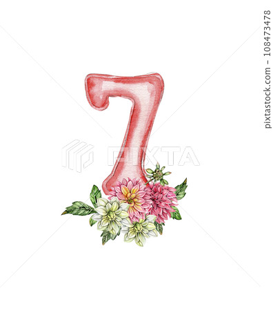 Watercolor hand drawn numbers and flowers composition. Illustration of a numbers. Perfect for scrapbooking, kids design, wedding invitation, posters, greetings cards, party decoration. 108473478