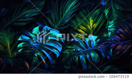 exotic leaves and flowers in neon glowing light background, colourful wallpaper 108473519