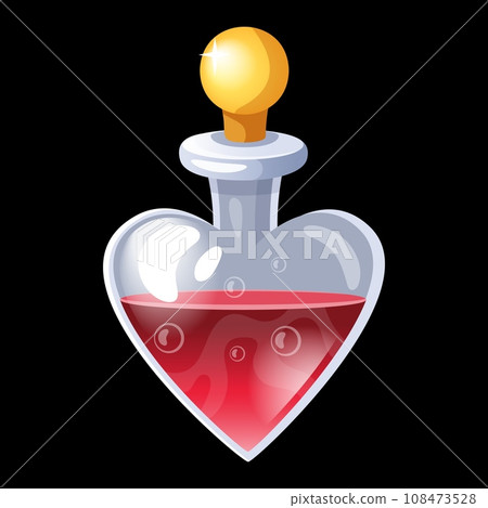 Love potion. red liquid in transparent glass in heart form. Magic beverage, witch or wizard alchemy. Aphrodisiac substance. RPG Game ui icon design. Witchcraft object vector isolated illustration Love potion. red liquid in transparent glass in heart form. Magic beverage, witch or wizard alchemy. Aphrodisiac substance. RPG Game ui icon design. Witchcraft object vector isolated illustration 108473528